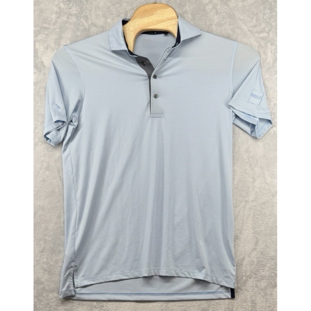 Greyson Performance Golf Polo Shirt Blue White Stripped Sleeve Logo Men's M